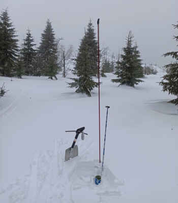Měření pod Třistoličníkem (1302m), průměr asi 125cm sněhu a slušně vody v něm :)